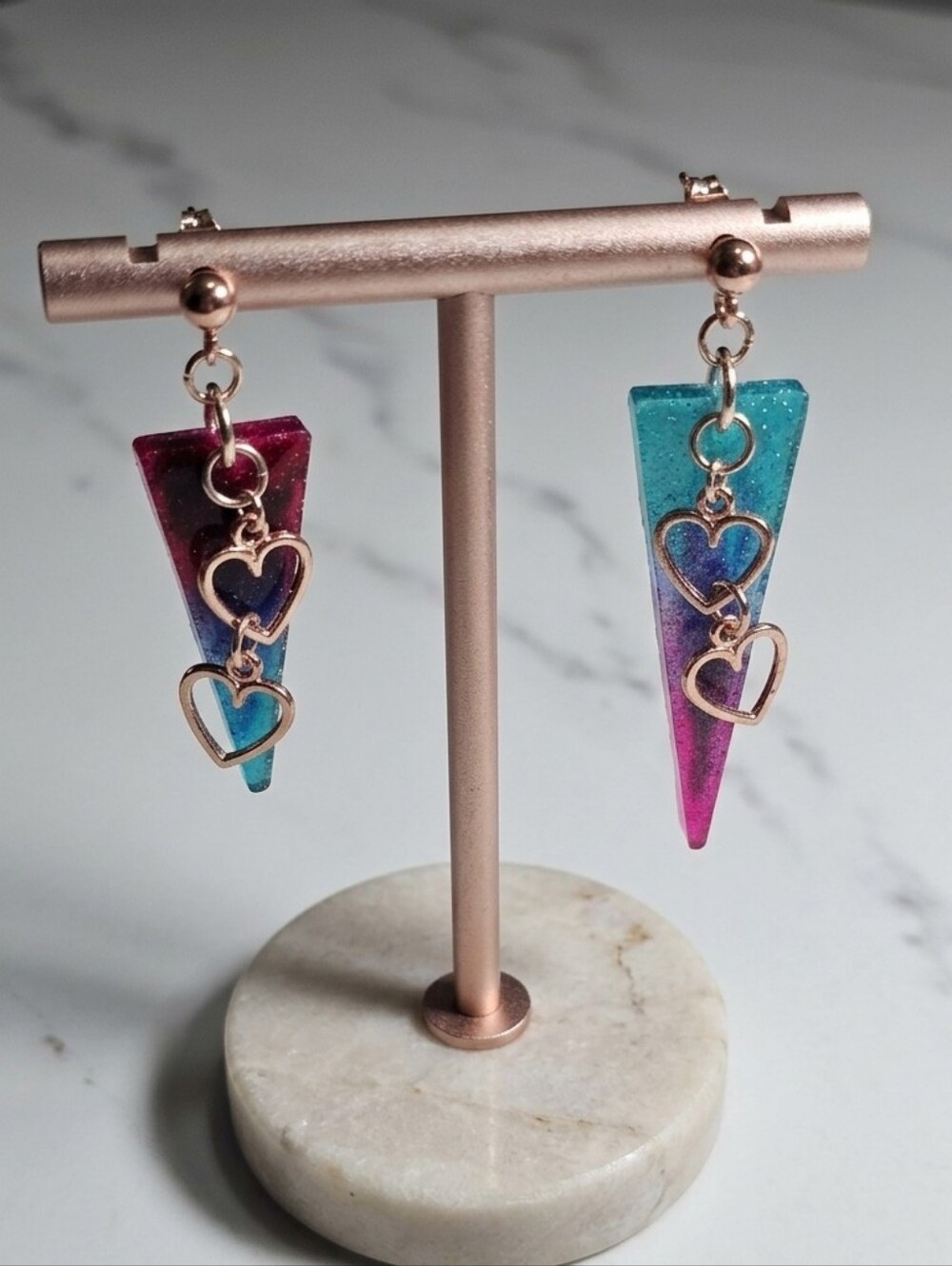 Resin Triangle Earrings | Teal & Magenta Glitter Dangles | Hypoallergenic
